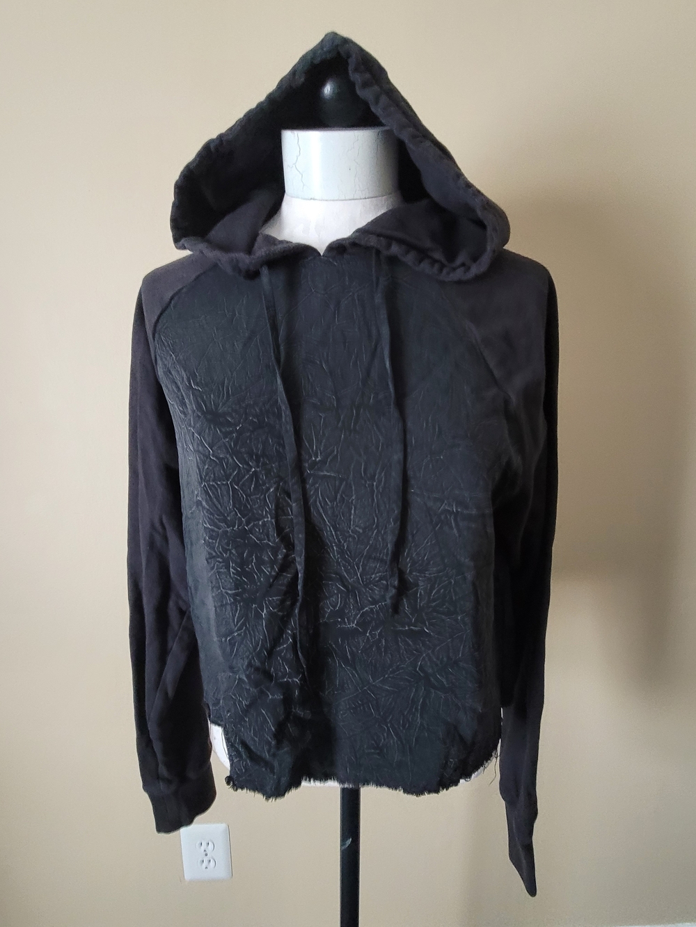 Hudson Jeans Black Distressed Cropped Hooded Sweatshirt Hoodie Sz L